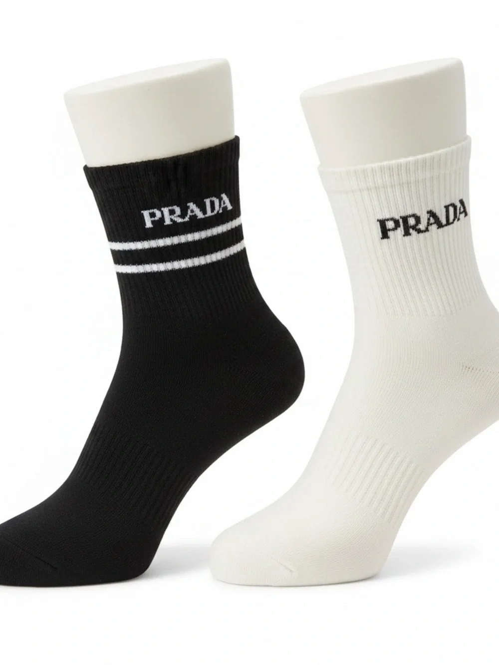 Prada Black & White Ribbed Logo Crew Socks 2Pairs size Small- Medium New